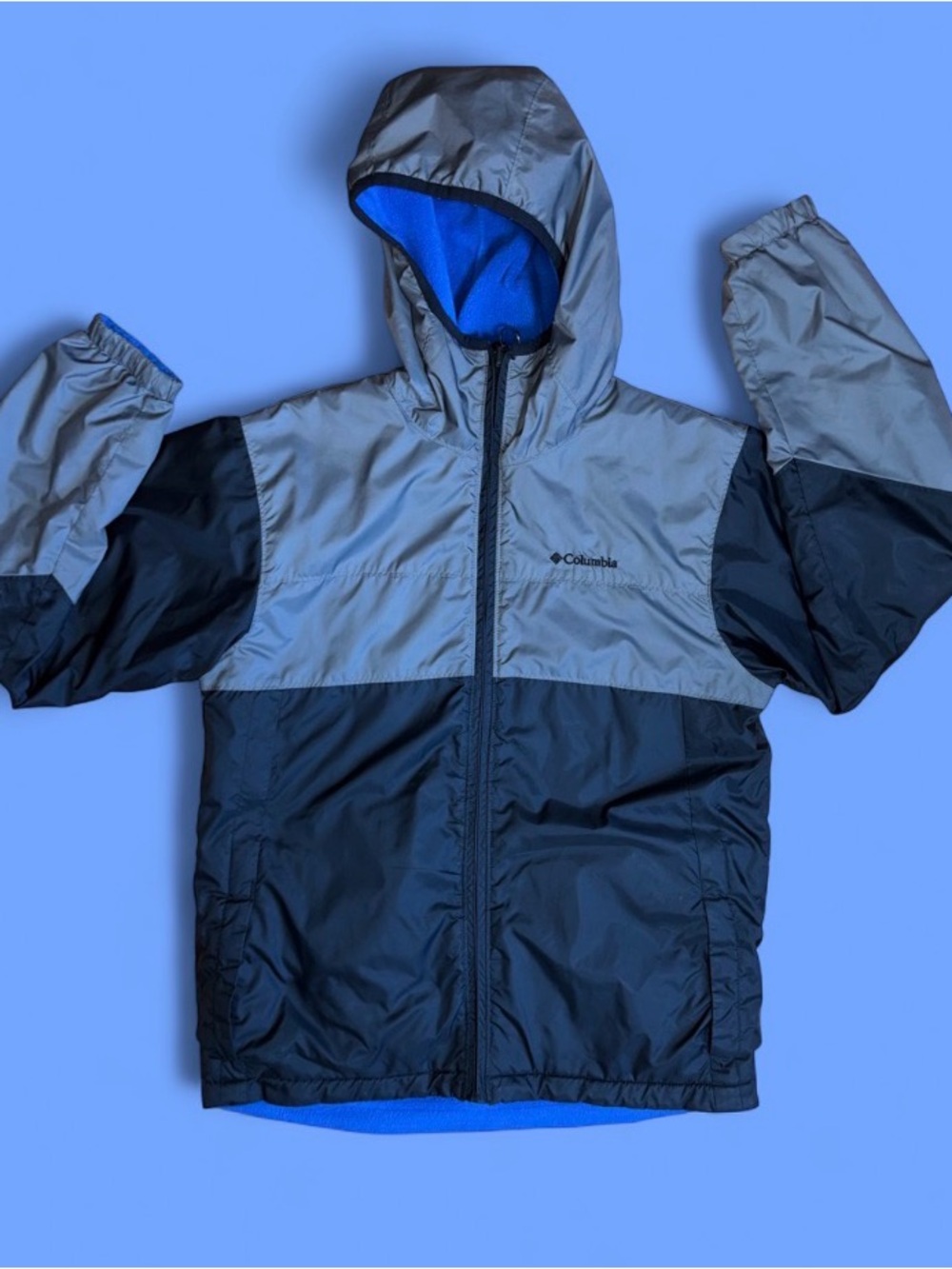 Columbia Colorblock Hooded Jacket in Gray, Black & Blue